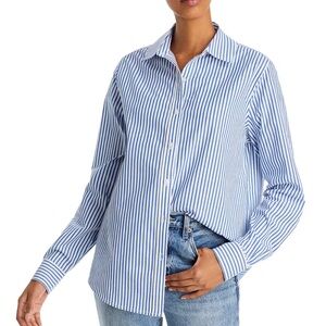 Casa Cabana Blue and White Vertical Stripe Button Down Blouse Size Medium